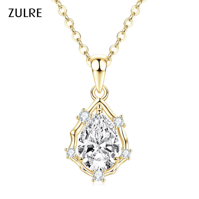 Elegant Gold Plated Pear Round Cubic V-Neck Collarbone Teardrop Pendant Necklace