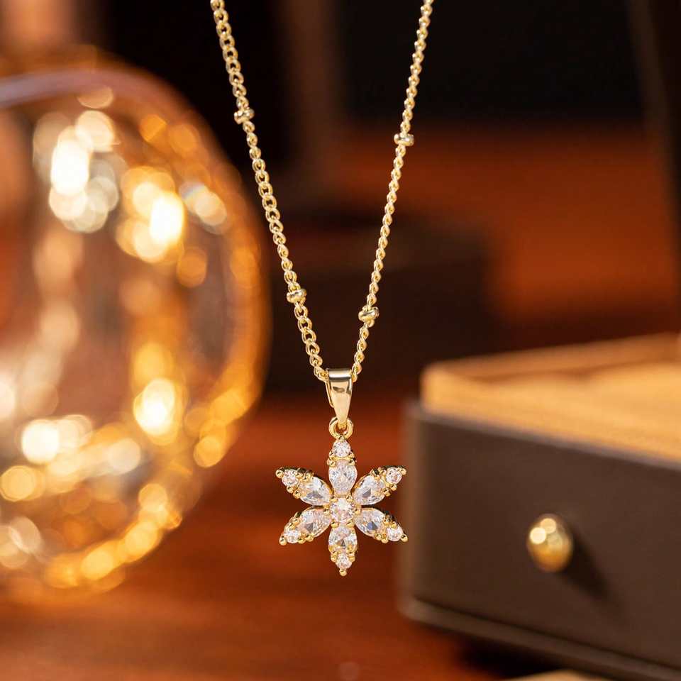 Luxury Wind Ladies Necklace Golden Six-valve Flower Pendant with Snake Chain